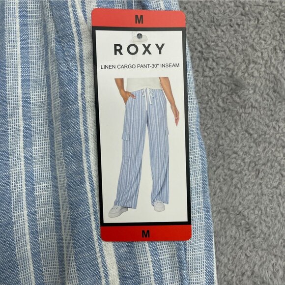 NEW Roxy Women's M Linen Cargo Pants 30" Inseam Blue Striped - Picture 6 of 9